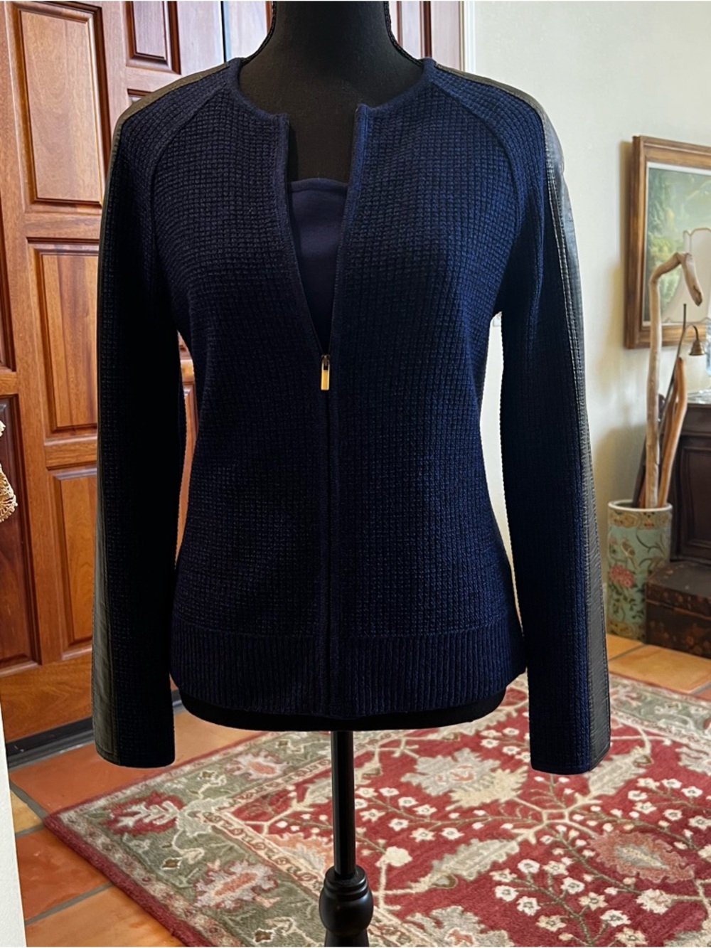 St. John Navy Textured Knit Zip Cardigan with Leather-Trim Sleeves